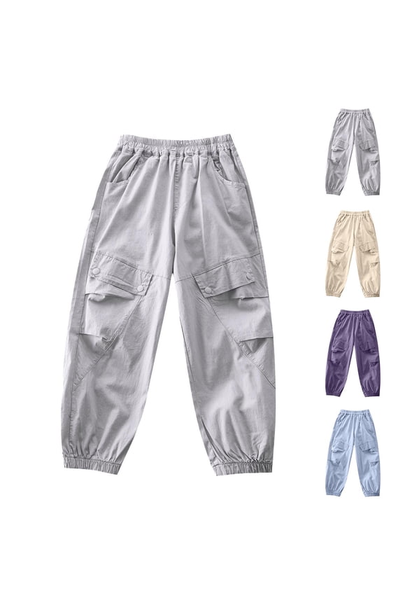 Boy's Children's Summer Solid Loose Thin-Dry Long Pants Elastic Sports Pants Cargo Pants- Pants Casual Outerwear Pants Air Conditioning Pants