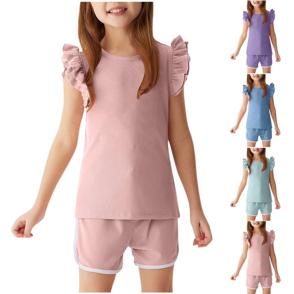 Avtoify Boys Girls Casual Short Sleeve Round Neck Collar Button Solid Color Summer Kids Shirts Short Pants