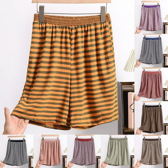 Avtoify Casual Loose Stripe Round Neck Short Sleeve Shorts Pajamas Suit Womens Lounge Set
