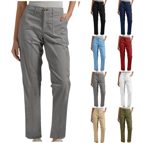 Avtoify Casual Pants for Women Solid Elastic Waist Pockets Full Length