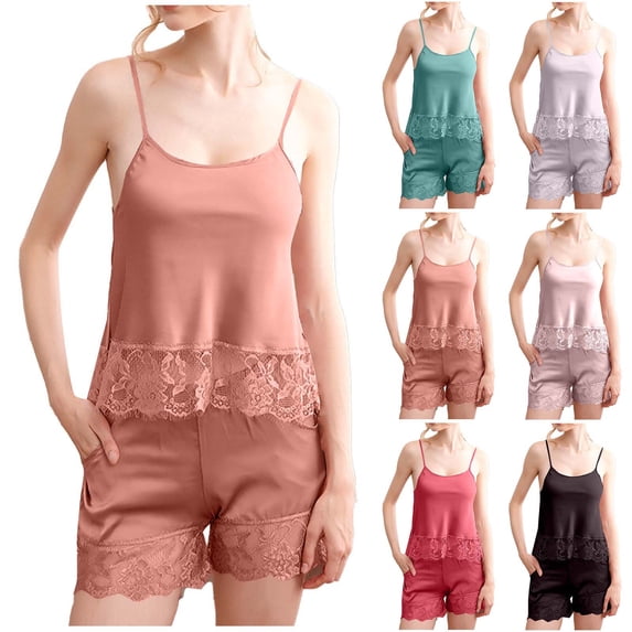 Avtoify Casual Suspender Solid Color Lace Ice Silk V-Neck Pajama Shorts Two Piece Womens Pajamas