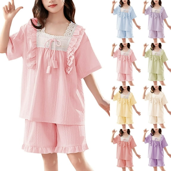 Avtoify Children Summer Solid Color Thin Home Ruffle Short Sleeve Round Neck Blouses Summer Toddler