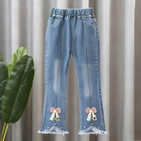 Avtoify Children's Flared Fitted Jeans Girl's Summer Casual Outerwear Pants Elastic Waist Knot Hem Long Pants Denim Long Pants