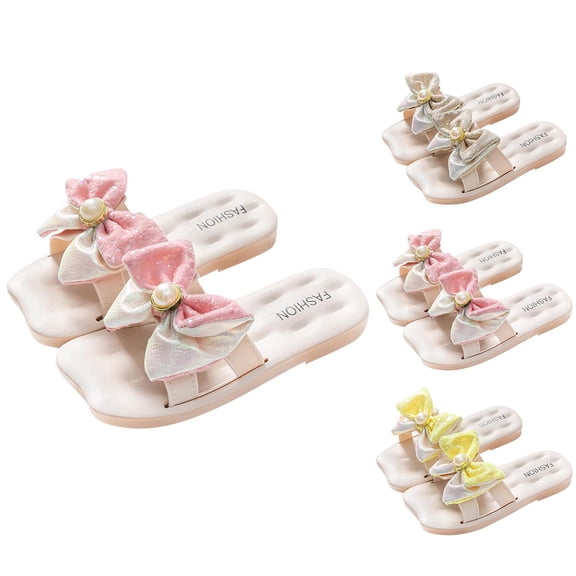 Avtoify Childrens Summer Pearl Bow Leather Slippers Versatile Indoor Summer Girls Shoes Sweet Casual Beach Shoes