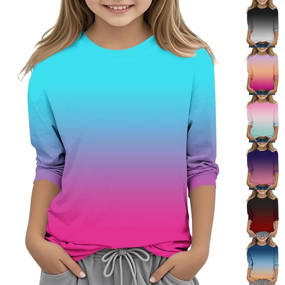 Avtoify Fall Girls Short Sleeve Blouses Gradient Print 3-12 Sleeve Round Neck Soft Thin Cotton Base Top