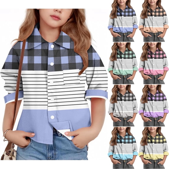 Avtoify Fall Girls Short Sleeve Shirts Plaid Stripe Print 3-16 Long Sleeve Turn Down Neck Soft Light Cotton Unisex Outer Shirt Top