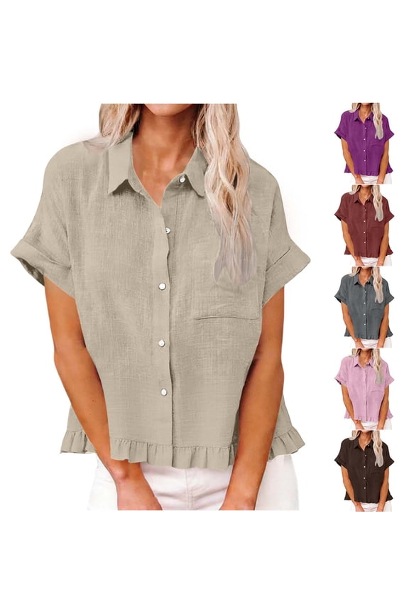 Flared Collar Fringe Hem Short Sleeve Top Summer Womens Tops Dressy Casual Solid Color Front Pocket Daily Blouse