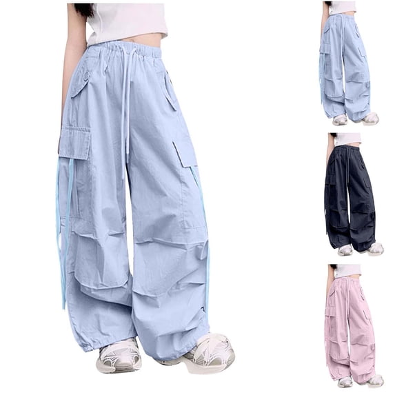 Avtoify Girls Fall Casual Pants Solid Color Multi Pocket Loose Elastic Cargo Trousers Soft Thin Fabric for 5-16 Years Old Boys Girls Daily Match