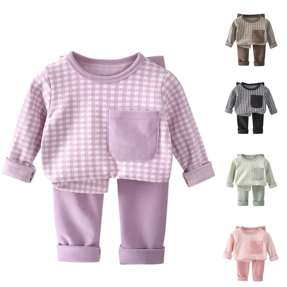 Avtoify Girls Fall Outfits Children's Winter Checkered Print Thick and Warm Fleece Homewear-Piece Set for Kids