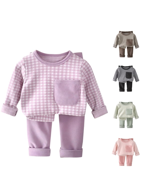 Girls Fall Outfits Children's Winter Checkered Print Thick and Warm Fleece Homewear-Piece Set for Kids