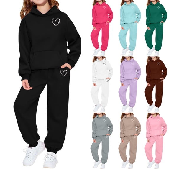 Avtoify Girls Fall Shirts Outfits Children's Winter Heart-shaped Small Print Long Hooded Sweatshirt and Leg Tied Sweatpants Casual Sports with Fleece-lined for Warmth-piece Set for Kids
