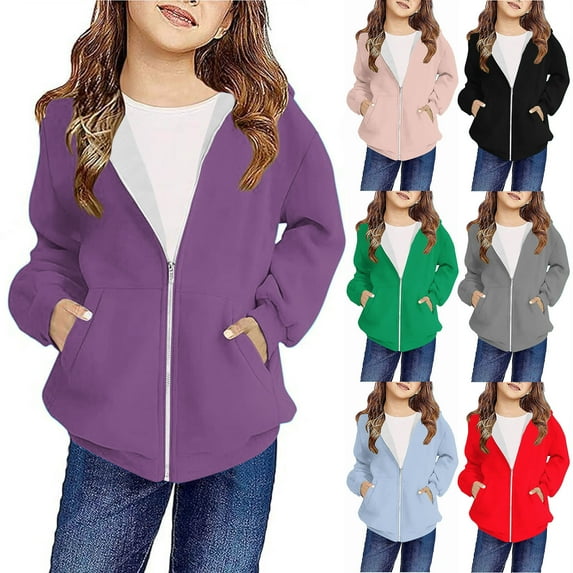 Avtoify Girls Hoodies Casual, Girls Fall Jacket Lightweight Leisure, Children's Boys and Girls Fashion Solid Color Printed Long Sleeve Hooded Jacket with Pockets and Zipper
