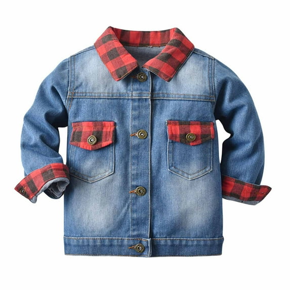 Avtoify Girls Jacket Casual, Girls Fall Jacket Lightweight Leisure, Children's Short Sleeve Shirt with Red and Plaid Stitching Denim Long Sleeve Jacket Boys and Girls Shirt Outerwear