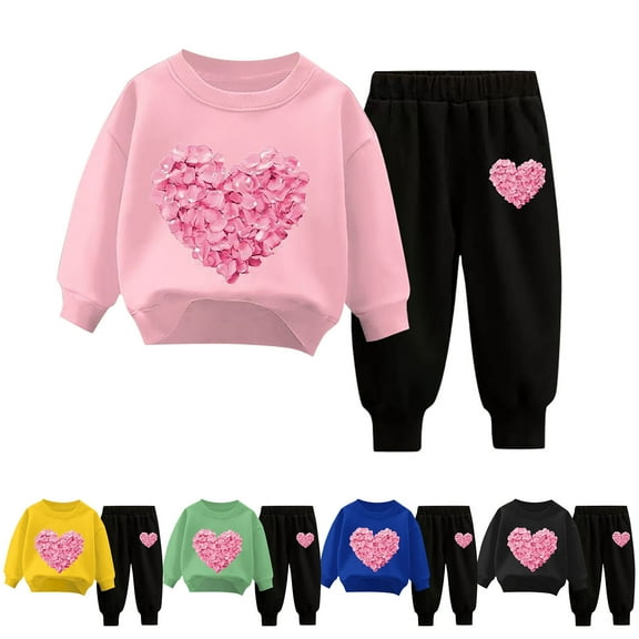 Avtoify Girls Long Sleeve Shirts Casual, Toddler Girls Fall Clothes, Children's Boys and Girls Fashionable Solid Color Heart Shape Print Soft Long Sleeve top and Pants Set