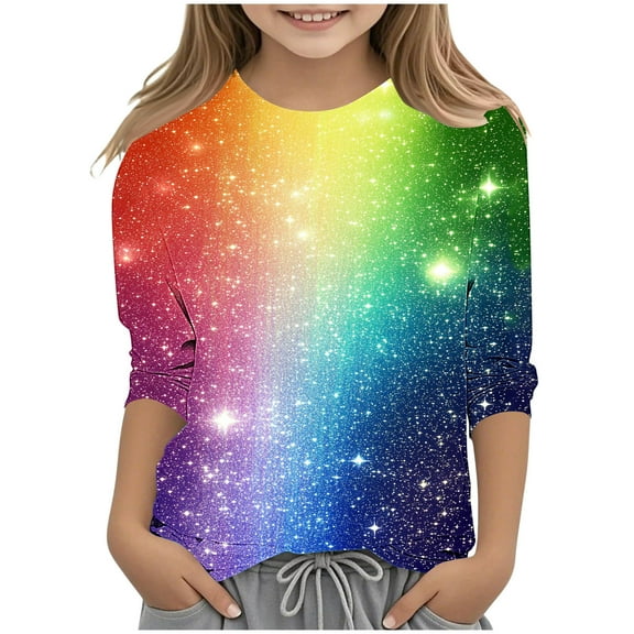 Avtoify Girls Long Sleeve Shirts Casual, Toddler Girls Fall Clothes, Children's Fashion Print 3/4 Sleeve Round Neck Pullover Basic Shirt Long Sleeve Round Neck top/Shirt