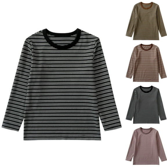 Avtoify Girls Long Sleeve Shirts Casual, Toddler Girls Fall Clothes, Children's Solid Color Long-Sleeved Round Neck Shirt with Striped Thin Velvet, Basic Casual top