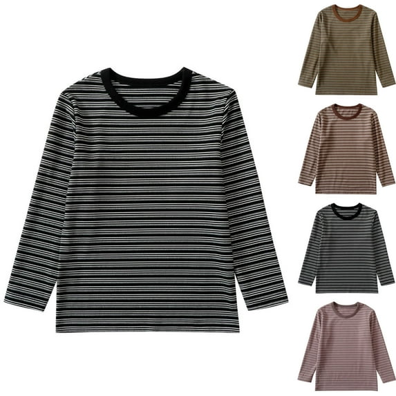 Avtoify Girls Long Sleeve Shirts Casual, Toddler Girls Fall Clothes, Children's Solid Color Long-Sleeved Round Neck Shirt with Striped Thin Velvet, Basic Casual Shirt