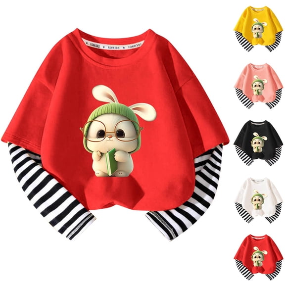 Avtoify Girls Long Sleeve Shirts Casual, Toddler Girls Fall Clothes, Girls Long Sleeve T-Shirt Girl Spring Style Children's Two-Piece Striped Sleeve T-Shirt