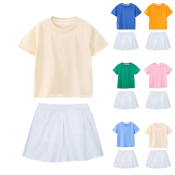 Avtoify Girls Loose Casual Solid Color Round Neck Short Sleeve T Shirt Outfits for Kids Elastic Waist Skirt 2 Piece Cheerleading Dress