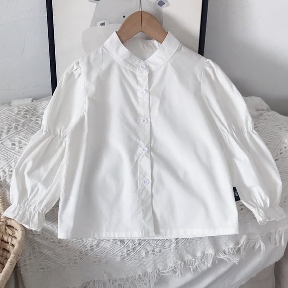 Avtoify Kids Long Sleeve Shirts 3-12-year Children's Fashion Solid Color Button Pleated Base Shirt Long Sleeved Lapel Top/shirt