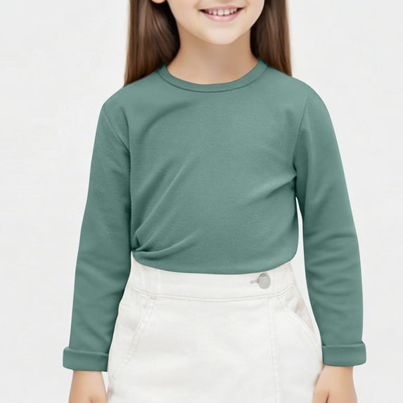 Avtoify Kids Long Sleeve Shirts Children's Solid Color Round Neck Warm Long Sleeved Top Mid Size Children's Casual and Comfortable Pullover Base Shirt