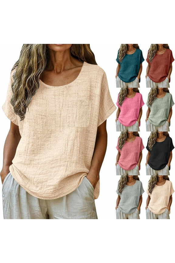 Ladies' Casual Loose Summer Womens Tops Dressy Short Round Neck Pocket Top Lightweight
