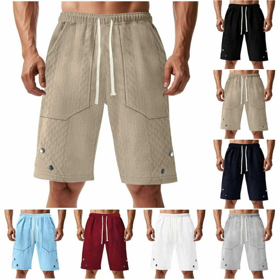 Avtoify Man Solid Color Casual Large Pocket Button Drawstring Elastic Waist Pant for Men Cargo Half Shorts