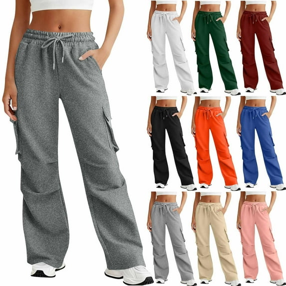 Avtoify Pants for Women Drawstring Solid Color Elastic Waist Multi Pocket Work Sweat