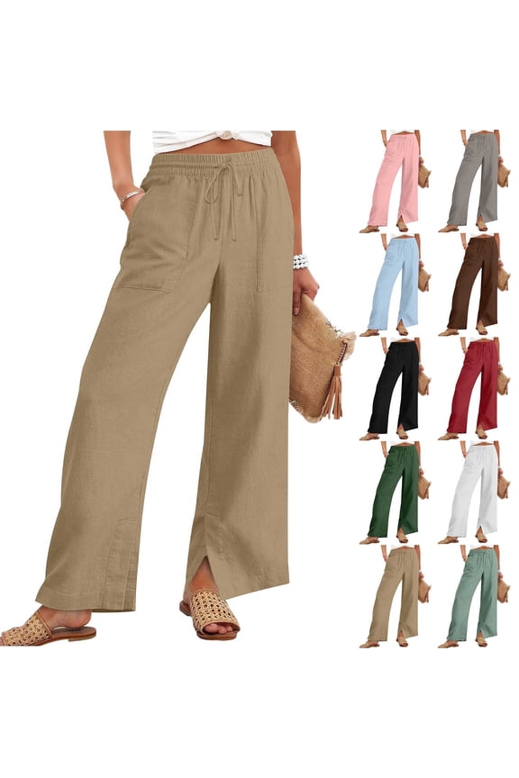 Pants for Women Linen Solid Loose Straight Leg Side Slit Buttons Pockets