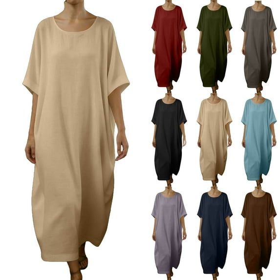 Avtoify Round Neck Casual Solid Color Short Sleeve Long Summer Dresses for Women
