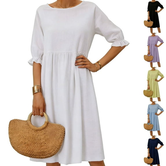 Avtoify Solid Color Loose Round Neck Ruffled Linen Dresses for Women