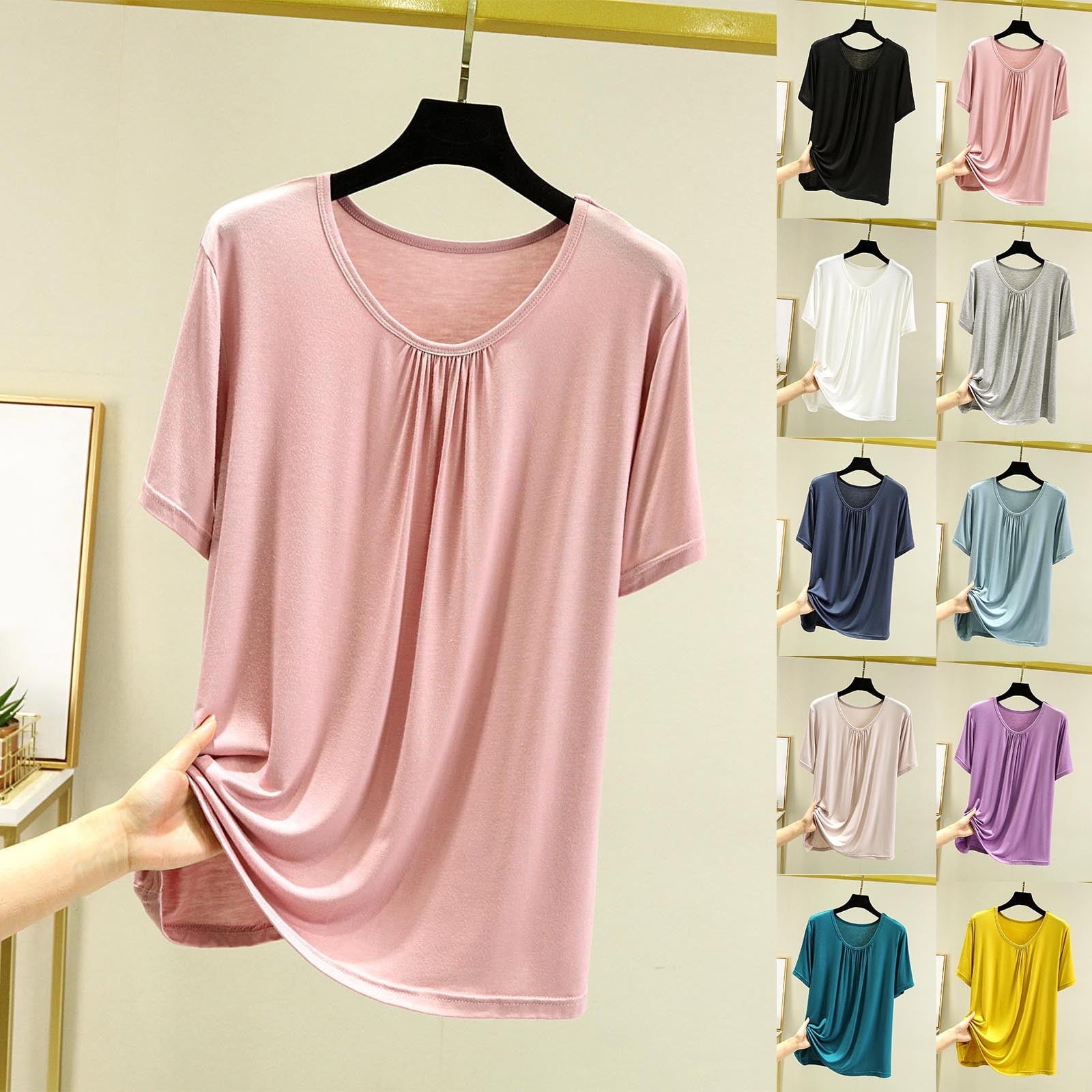 Avtoify Solid Color Short Sleeve Base Shirt Thin T-Shirt Pajamas Short ...