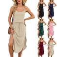 thumbnail image 1 of Avtoify Women Spaghetti Strap Sleeveless Drawstring Waist Side Slit Solid-Color-Piece Dress Set, 1 of 9