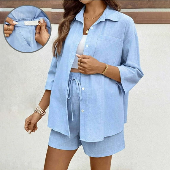Avtoify Striped Off Shoulder Piece Maternity Set Summer for Pregnant Women Loose Shirt and Shorts