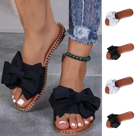 Avtoify Summer Flats Shoes Women Fashionable Casual Outerwear Versatile Solid Color Bow Toe Open Toe Flat