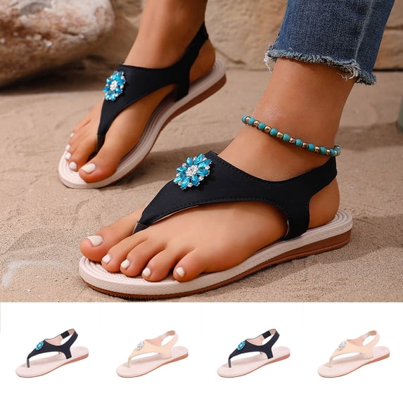 Avtoify Summer Flats Shoes Women Fashionable Casual Versatile Plus Size Round Toe Open Toe Thong Elastic Rhinestone