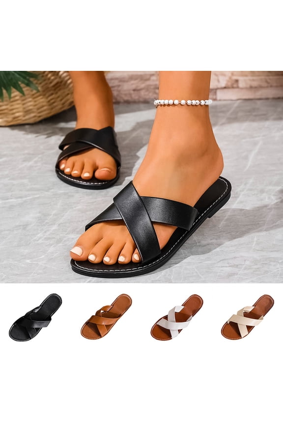 Summer Flats Shoes Women Versatile Casual Plus Size Comfortable Flat Wraparound Wide Strap Open Toe Beach