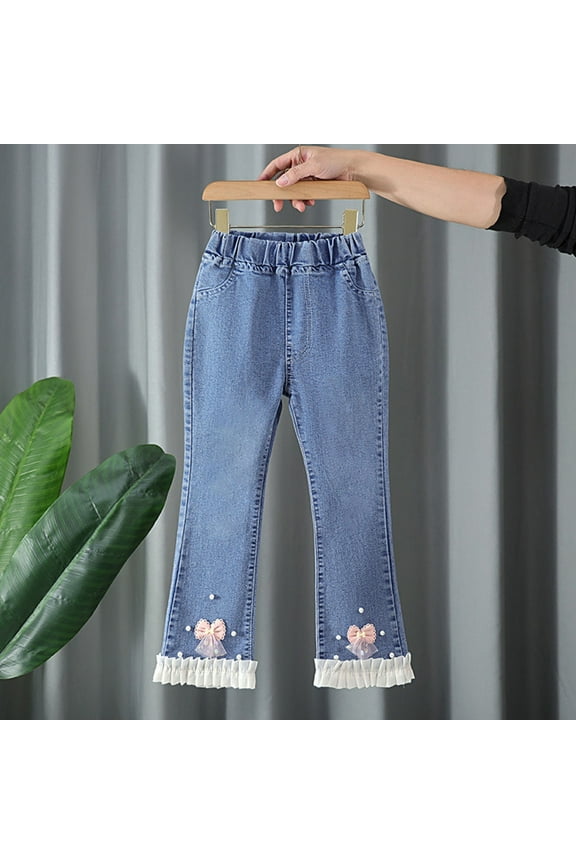 Summer Girl's Shiny Bead Sequin Knot Jeans Long Pants Flared Pants Wide Leg Pants Casual Outerwear Pants Denim Long Pants