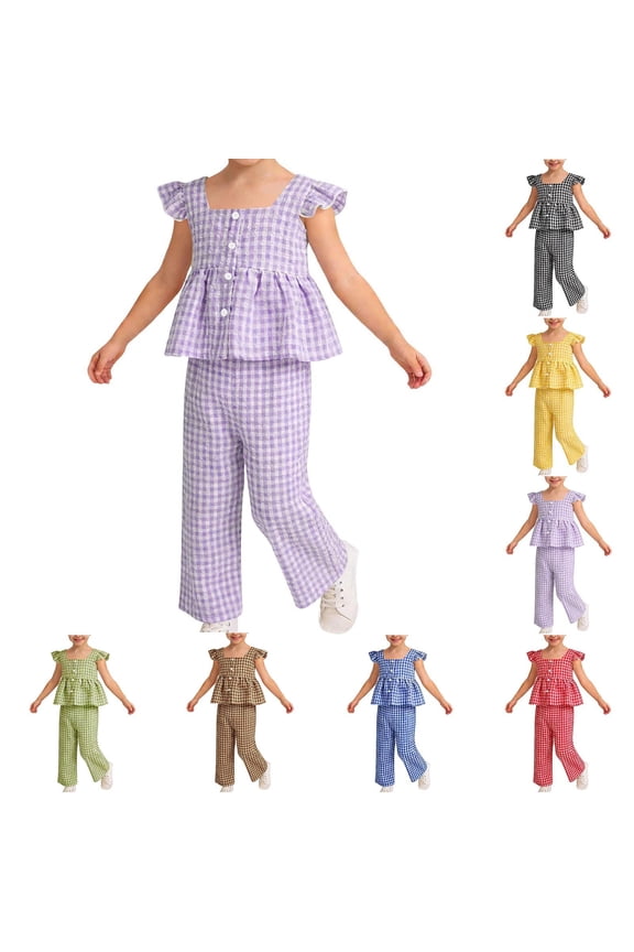 Summer Girls Round-Neck Tank Top Print Plaid Cotton Sleeve Cardigan Long Pants 2 Piece Walk Outfit for Toddlers Aged 12M-5 Log