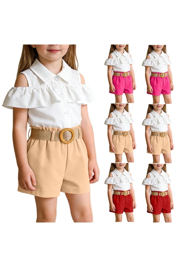 Summer Girls Short Sleeve Round-Neck Blouses Off Shoulder Ruffle Sleeveless Top Shorts Matching Belt 3 Piece Outfit for Girls Aged 2-8 Log