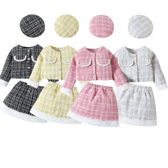Avtoify Summer Girls Short Sleeve Round-Neck Blouses Print Plaid Tweed Jacket Matching Skirt Hat 3 Piece Outfit for Girls Aged 2-10 Daily Outfit Suit