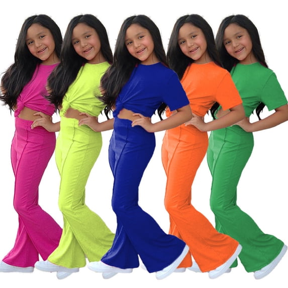 Avtoify Summer Girls Short Sleeve Round-Neck Shirts Solid Color Short Sleeve Top Long Flare Pants 2 Piece Unisex Outfit for Kids Aged 2-10 Daily Wear