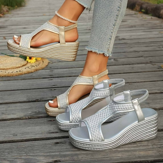 Avtoify Summer Women's Wedges Shoes Fashionable Casual Versatile Beach Wedge Solid Color Peep Toe Open Toe