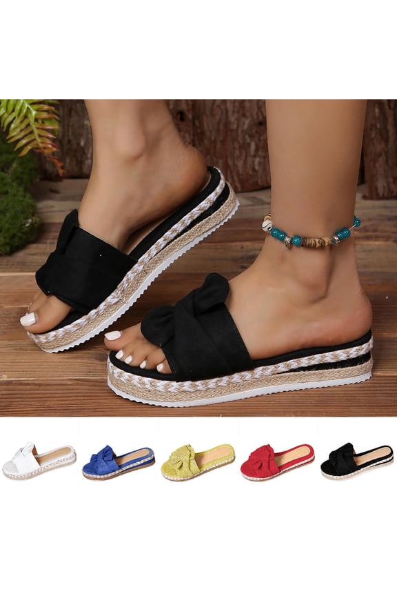 Summer Women's Wedges Shoes Fashionable Casual Versatile Round Toe Fish Mouth Comfortable Breathable Rope Woven Wedge Heel Bowknot Thick Sole