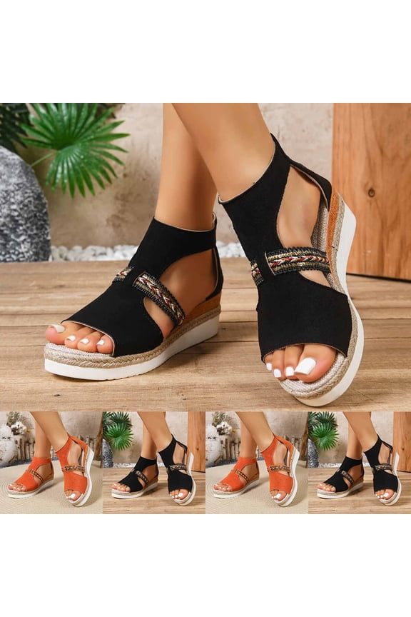 Summer Women's Wedges Shoes Women Fashionable Casual Outerwear Versatile Plus Size Bohemian Ethnic Style Peep Toe Open Toe Back Zip