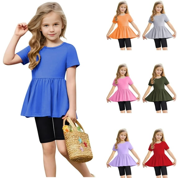 Avtoify Toddler Kids Solid Color Loose Soft Short Sleeve Yoga Shorts Summer Kids Shirts