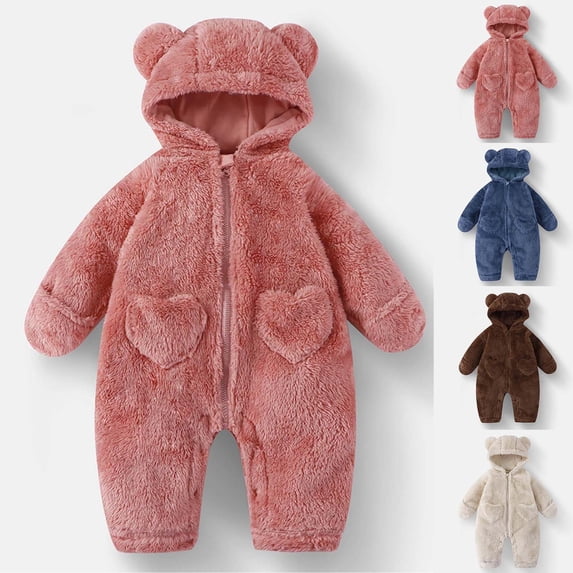 Avtoify Toddler Rompers, Children's Solid Color Newborn Crawling Thick and Warm Jumpsuit Long Sleeved Hooded Toddler Hoodie