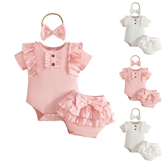 Avtoify Toddler Rompers, Fall Toddler Girl Solid Color Short Sleeved Groove Shorts+bow Headband Piece Set Crawling