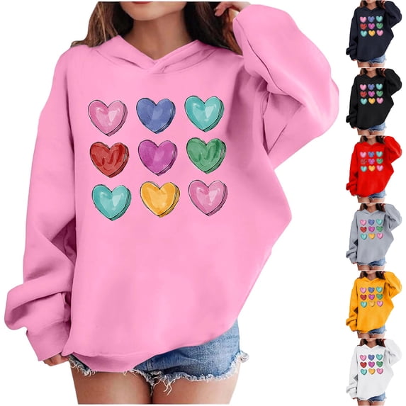 Avtoify Valentine Day Heart Print Hooded Pullover Long Sleeve Sweatshirt for Boys Girls Medium Large Kids Girls Long Sleeve Shirts