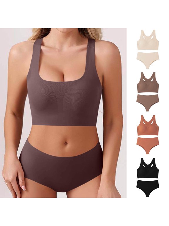 Woman Solid Color Round Neck Turtleneck Style Bras Solid Color Thong Daily Bra Set